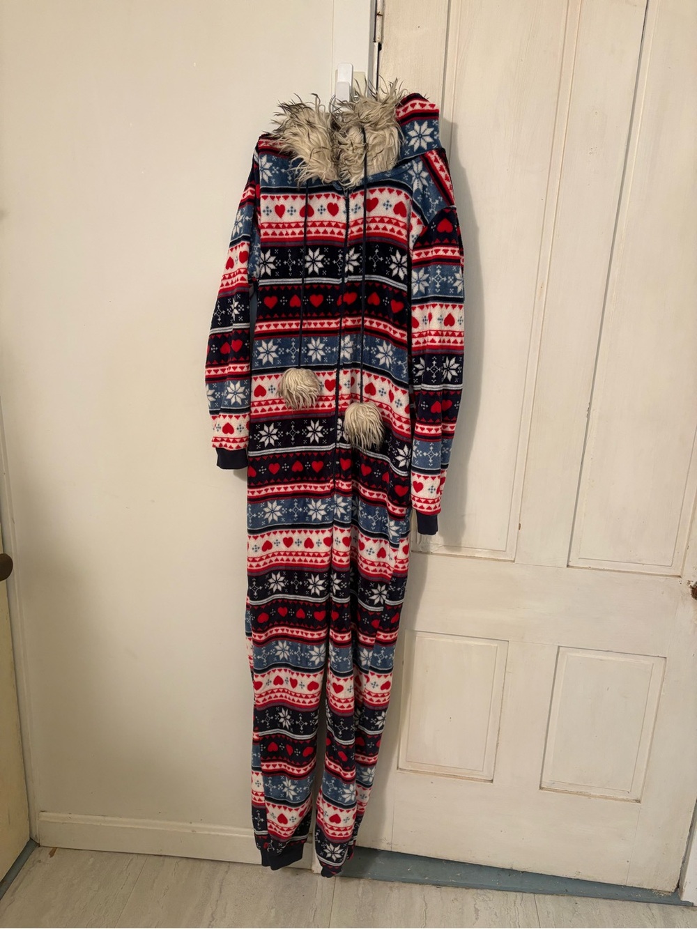 Secret Treasures Navy, Red & White Festive Fleece Onesie with Faux-Fur Hood